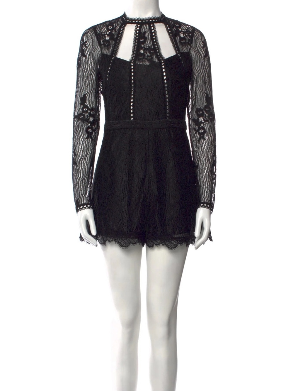 Alexie Black Crochet Lace Romper with Sheer Sleeve Accents